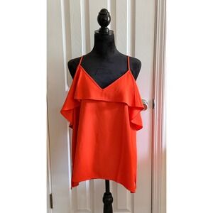Ann Taylor Womens Orange Cold Shoulder Ruffle V-Neck Blouse Top Large 427378